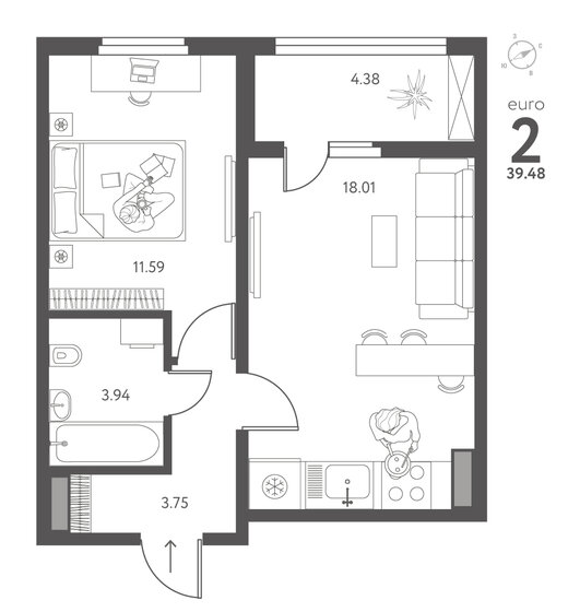 39,5 м², 1-комнатная квартира 4 540 200 ₽ - изображение 1