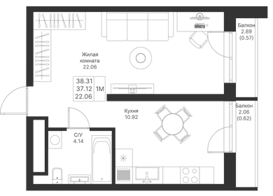 Квартира 38,3 м², 1-комнатная - изображение 1