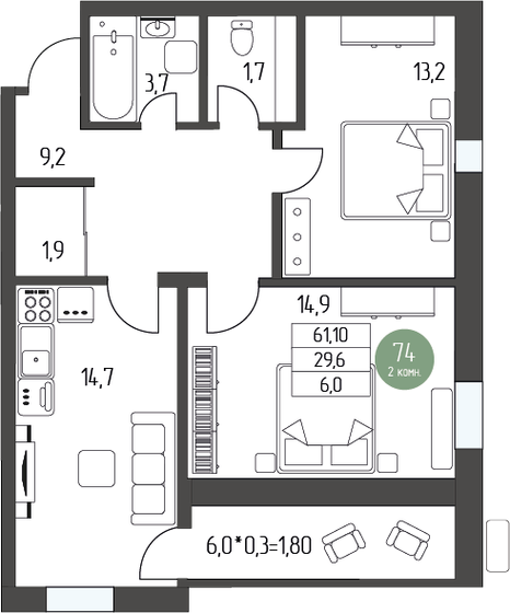 65,3 м², 2-комнатная квартира 7 820 800 ₽ - изображение 1