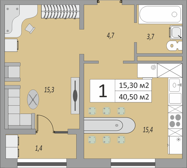 40,5 м², 1-комнатная квартира 3 002 265 ₽ - изображение 1