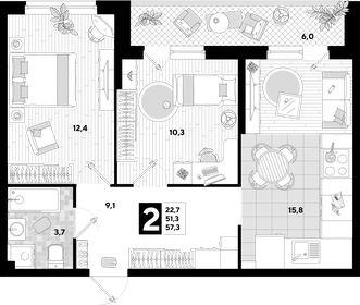 Квартира 57,3 м², 2-комнатная - изображение 2