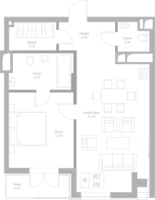 Квартира 63,6 м², 1-комнатная - изображение 1