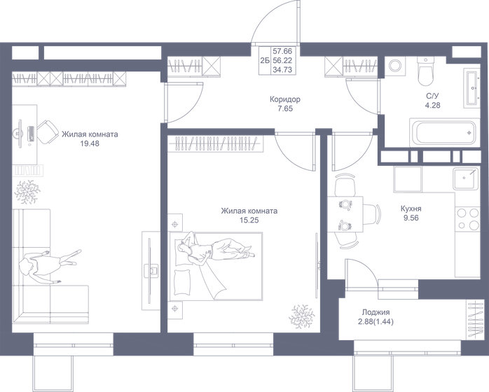 57,7 м², 2-комнатная квартира 11 647 320 ₽ - изображение 1