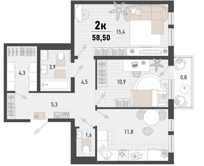 58,5 м², 2-комнатная квартира 15 675 075 ₽ - изображение 1