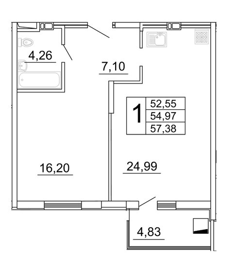 57,3 м², 1-комнатная квартира 7 800 000 ₽ - изображение 1