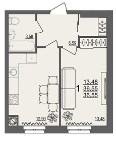 Квартира 36,6 м², 1-комнатная - изображение 1