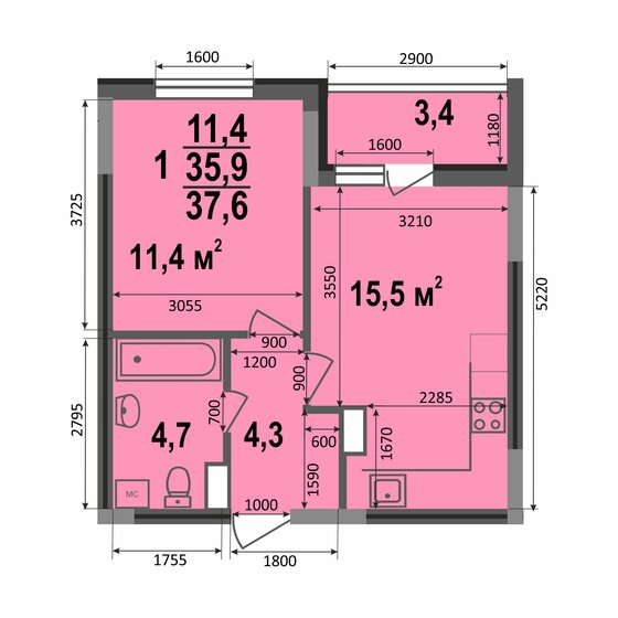 37,6 м², 1-комнатная квартира 3 572 000 ₽ - изображение 1