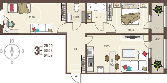 61 м², 2-комнатная квартира 5 450 000 ₽ - изображение 120