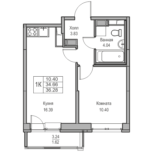 34,7 м², 1-комнатная квартира 6 661 008 ₽ - изображение 1