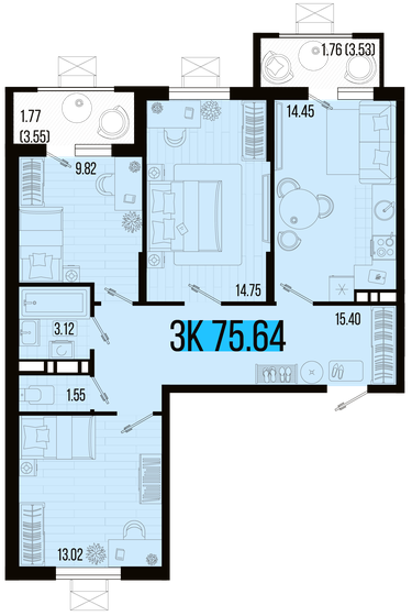 75,6 м², 3-комнатная квартира 7 964 892 ₽ - изображение 1
