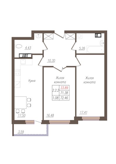 72,5 м², 2-комнатная квартира 6 430 100 ₽ - изображение 1