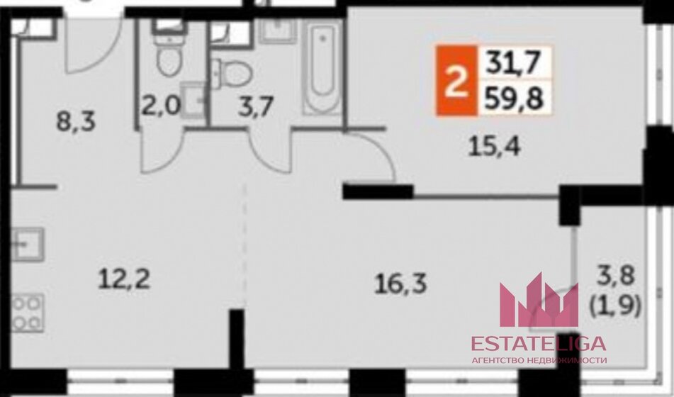 59,8 м², 2-комнатная квартира 27 600 000 ₽ - изображение 1