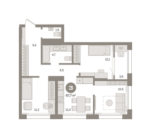 Квартира 67,7 м², 3-комнатная - изображение 1