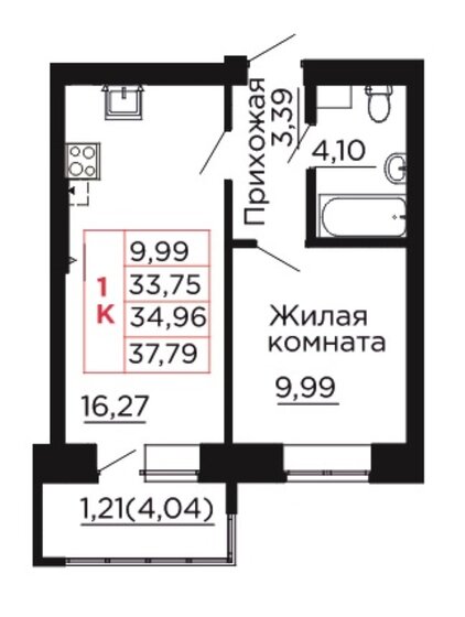 34,9 м², 1-комнатная квартира 4 245 210 ₽ - изображение 1