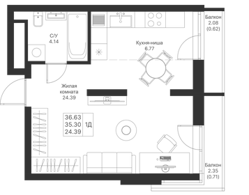 Квартира 36,6 м², 1-комнатная - изображение 1