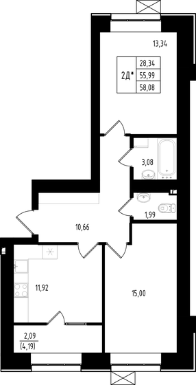 58,1 м², 2-комнатная квартира 9 070 000 ₽ - изображение 1