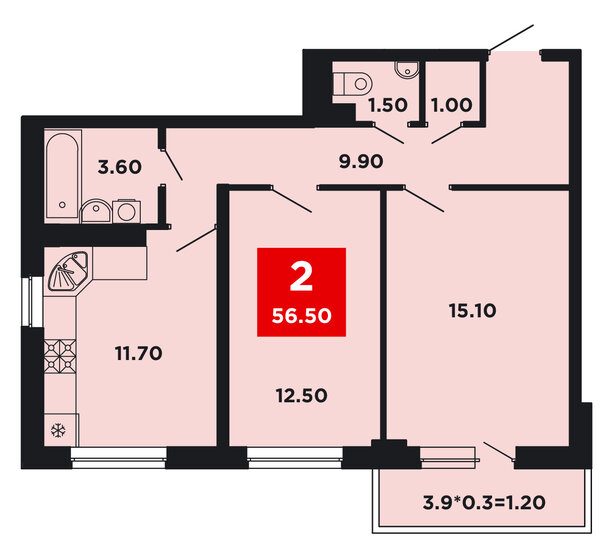 56,5 м², 2-комнатная квартира 9 576 750 ₽ - изображение 1