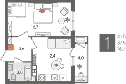 Квартира 41,5 м², 1-комнатная - изображение 2