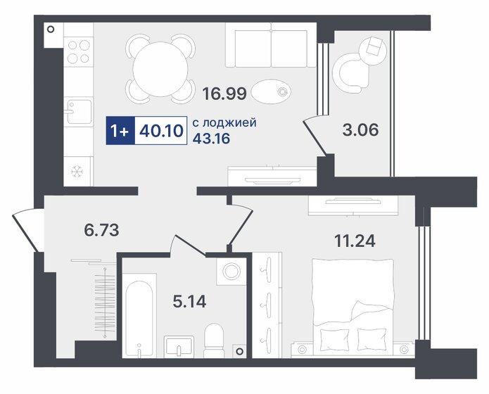 40,1 м², 1-комнатная квартира 5 770 000 ₽ - изображение 1