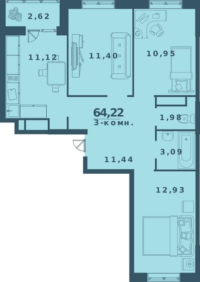 64,2 м², 3-комнатная квартира 5 827 965 ₽ - изображение 1