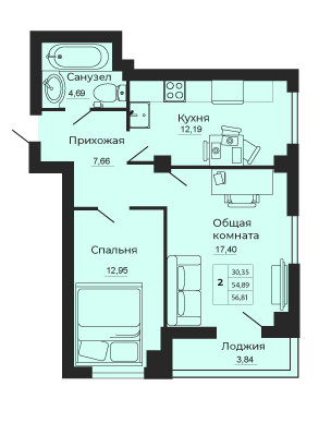 56,8 м², 2-комнатная квартира 5 224 680 ₽ - изображение 1