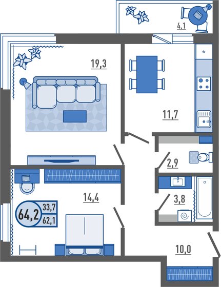 64,2 м², 2-комнатная квартира 5 431 320 ₽ - изображение 1