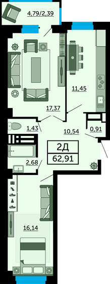 62,9 м², 2-комнатная квартира 10 946 340 ₽ - изображение 1