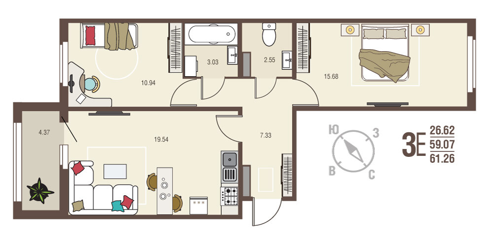 61,3 м², 2-комнатная квартира 5 574 660 ₽ - изображение 1