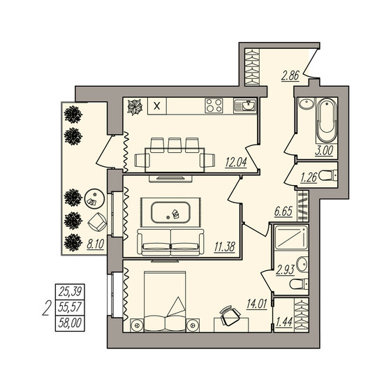 58 м², 2-комнатная квартира 7 830 000 ₽ - изображение 1