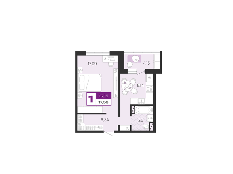 37,2 м², 1-комнатная квартира 2 563 350 ₽ - изображение 1