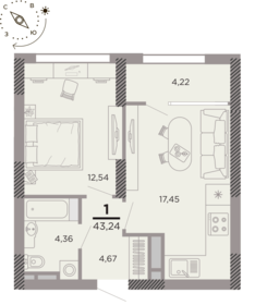 Квартира 43,2 м², 1-комнатная - изображение 1