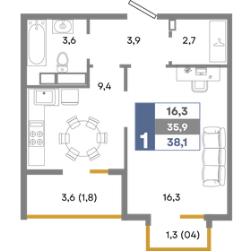 Квартира 38,1 м², 1-комнатная - изображение 1