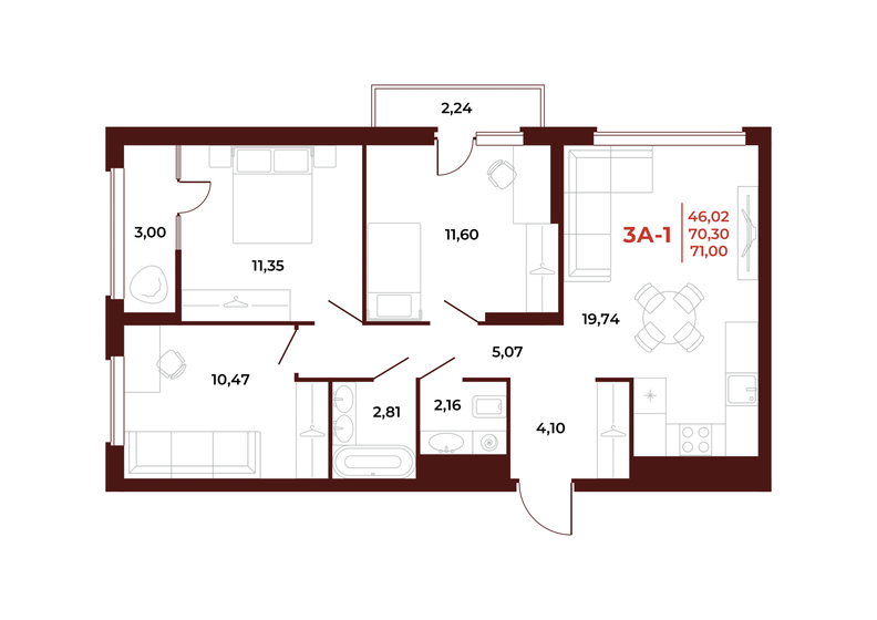 71 м², 3-комнатная квартира 7 952 000 ₽ - изображение 1