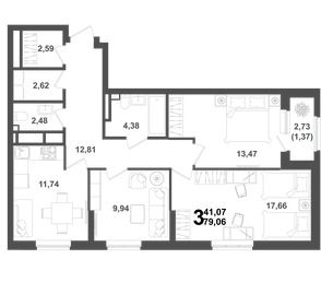 Квартира 79,1 м², 3-комнатная - изображение 1