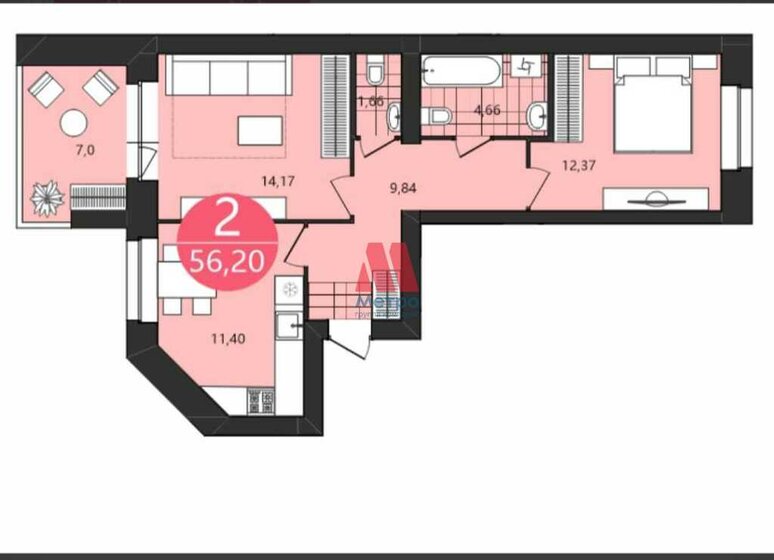 56,2 м², 2-комнатная квартира 6 520 000 ₽ - изображение 1