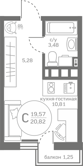 19,6 м², квартира-студия 3 400 000 ₽ - изображение 1