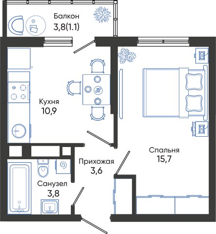 35,1 м², 1-комнатная квартира 7 063 875 ₽ - изображение 1