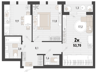 Квартира 53,7 м², 2-комнатная - изображение 1