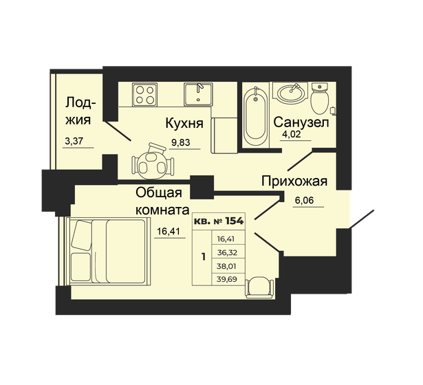 38 м², 1-комнатная квартира 3 534 930 ₽ - изображение 1
