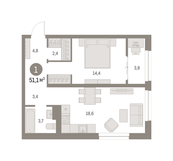 51,1 м², 1-комнатная квартира 10 410 000 ₽ - изображение 1