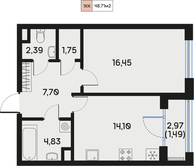 48,7 м², 1-комнатная квартира 19 418 042 ₽ - изображение 1