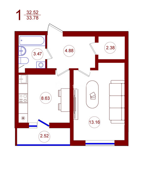33,8 м², 1-комнатная квартира 3 715 800 ₽ - изображение 8