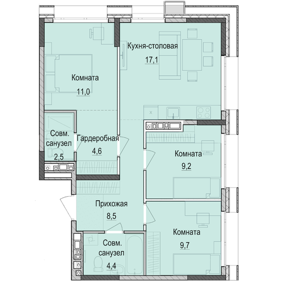 66,7 м², 3-комнатная квартира 9 454 000 ₽ - изображение 1