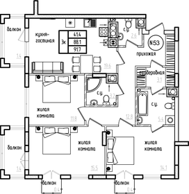 Квартира 101,8 м², 3-комнатная - изображение 1