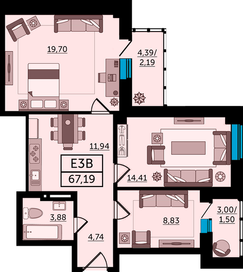 67,2 м², 3-комнатная квартира 12 297 600 ₽ - изображение 1