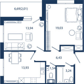 Квартира 60,1 м², 2-комнатные - изображение 1