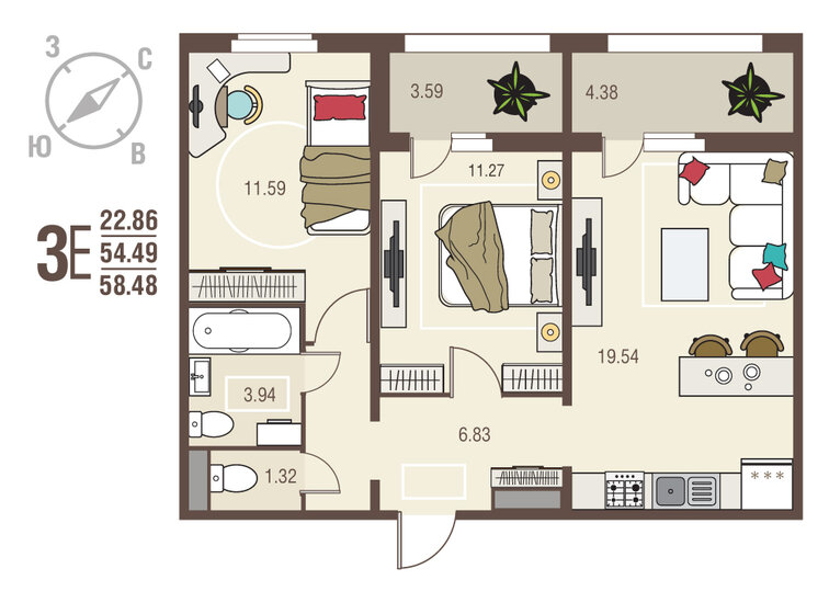 58,5 м², 2-комнатная квартира 5 555 600 ₽ - изображение 1