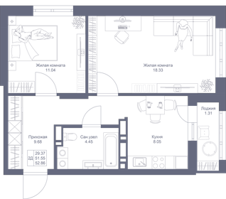 54 м², 2-комнатная квартира 9 500 000 ₽ - изображение 58