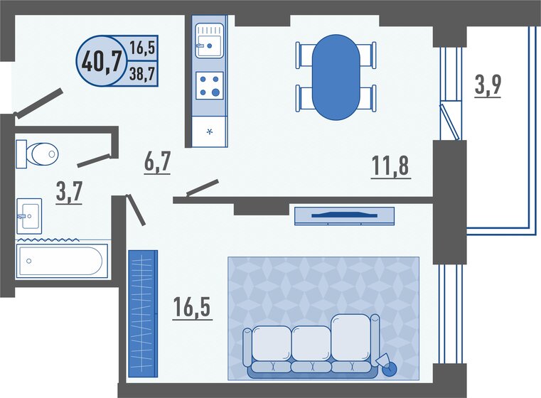 40,7 м², 1-комнатная квартира 3 740 330 ₽ - изображение 1