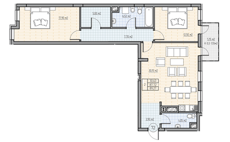 Квартира 89,5 м², 2-комнатная - изображение 1